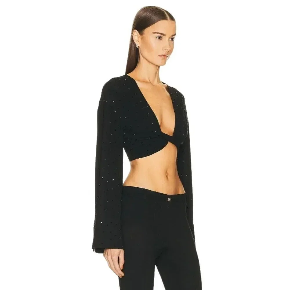 Blumarine Hot Fix Crystal Long Sleeve Crop Top in Nero Black 38 2 Womens Cropped